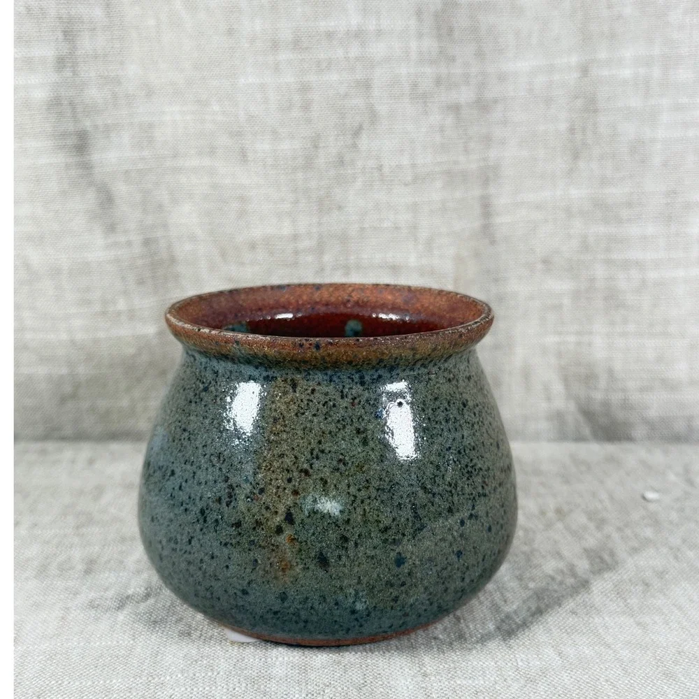 Unbranded Studio Pottery Vessel Small Green Speckled Glaze Vintage Good Rustic